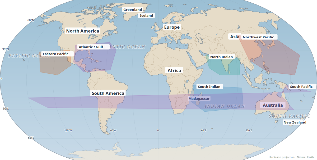 Hurricane & cyclone zones — geography reference map
